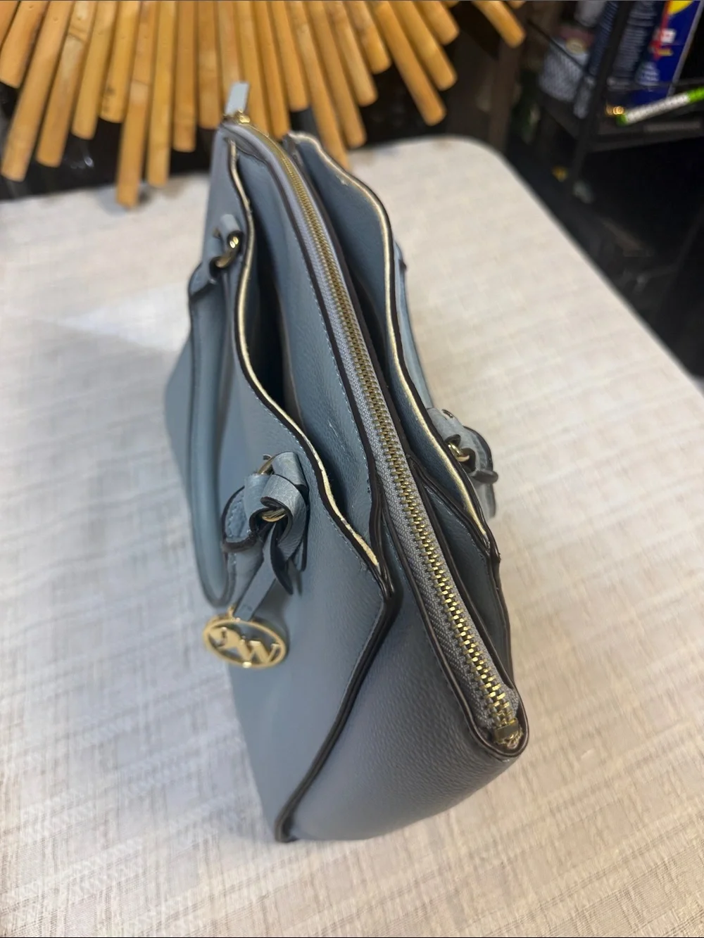 Nine West Light Blue Pebbled Leather Satchel with Gold Charm